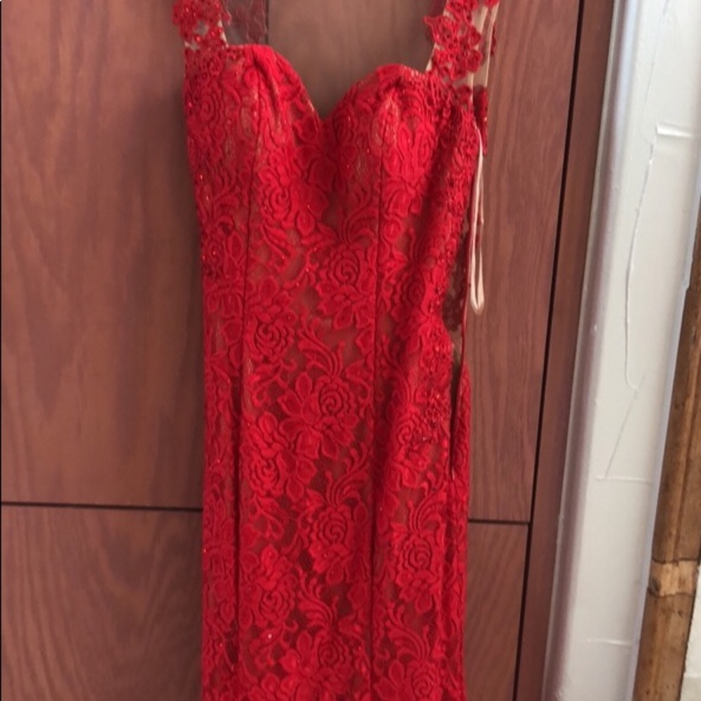 Red lace sheer back prom dress